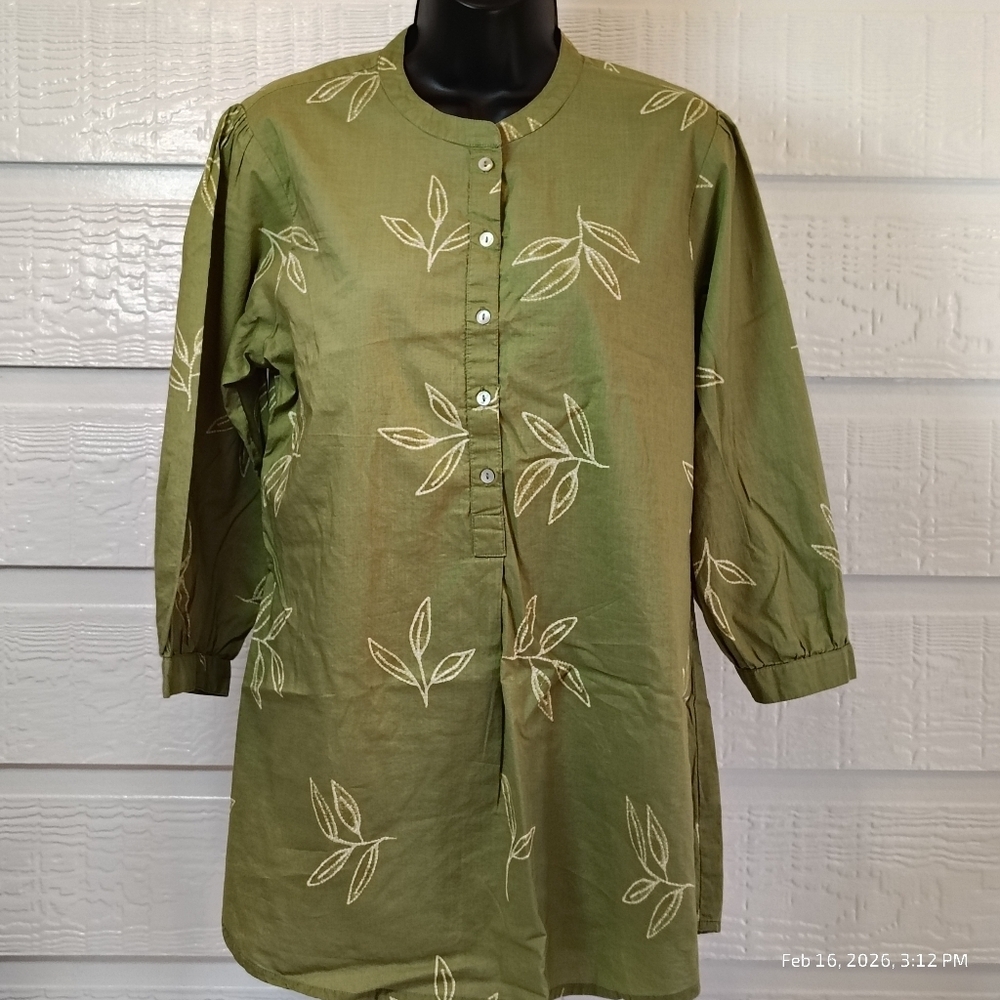 UTSA WOMENS LG‎ GREEN LEAF PATTERN EMBROIDERED TUNIC 100% COTTON INDIAN ETHNIC